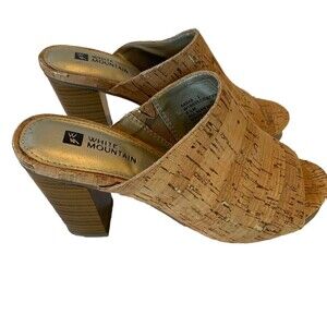 White Mountain Cork Gold Slides Date Night Mules Shoes 6.5M Boho Chunky  Heel